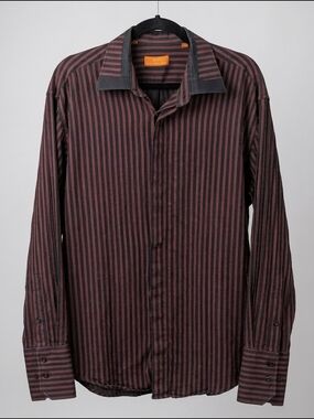 Steven Land Burgundy Stripe Dress Shirt with Black Contrast Collar